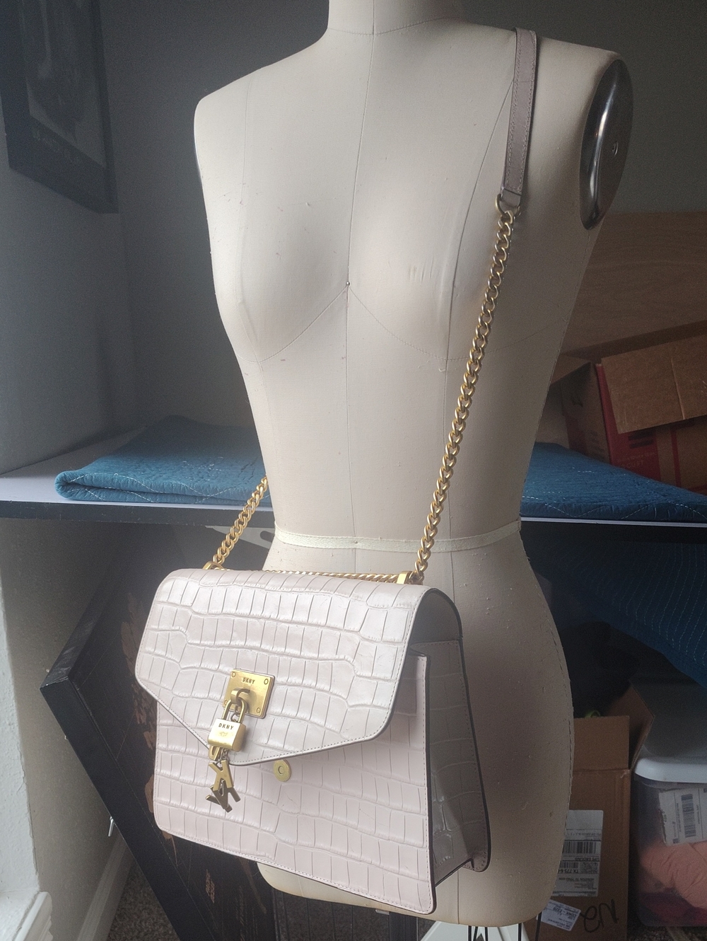 DKNY Croc-Embossed Shoulder Bag in Pale Pink with Gold Hardware *CLEANED*